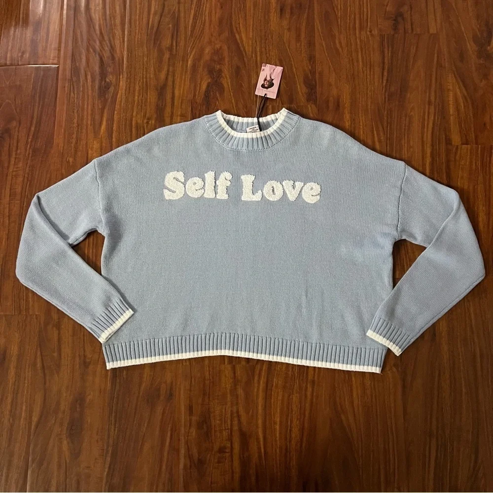 NWT Sincerely Jules Self Love Blue Cropped Knit Sweater size XS
